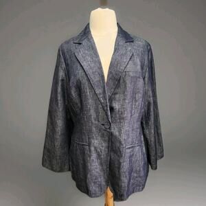 Ashley Stewart Linen Cotton Denim Jacket Blazer Sz 14W Pockets Boxy
